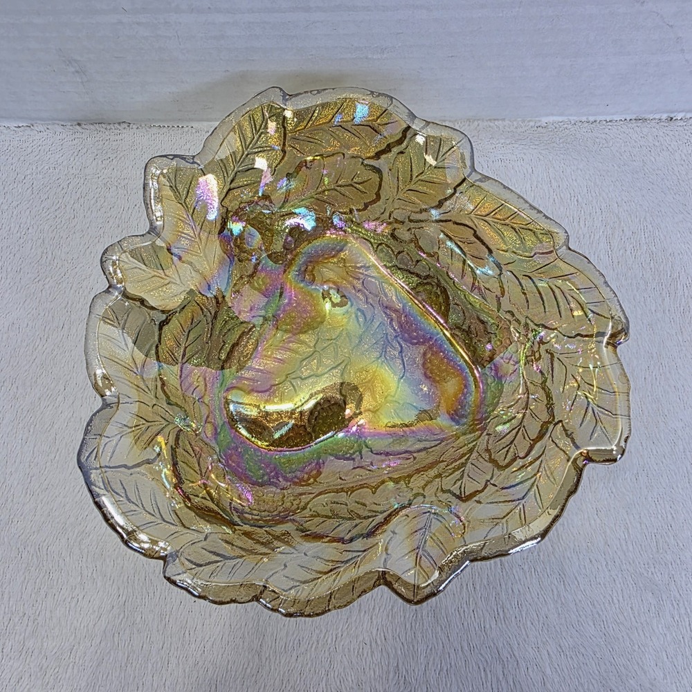 Vintage Indiana Carnival‎ Glass Loganberry Leaf Amber Marigold Candy Dish Gift